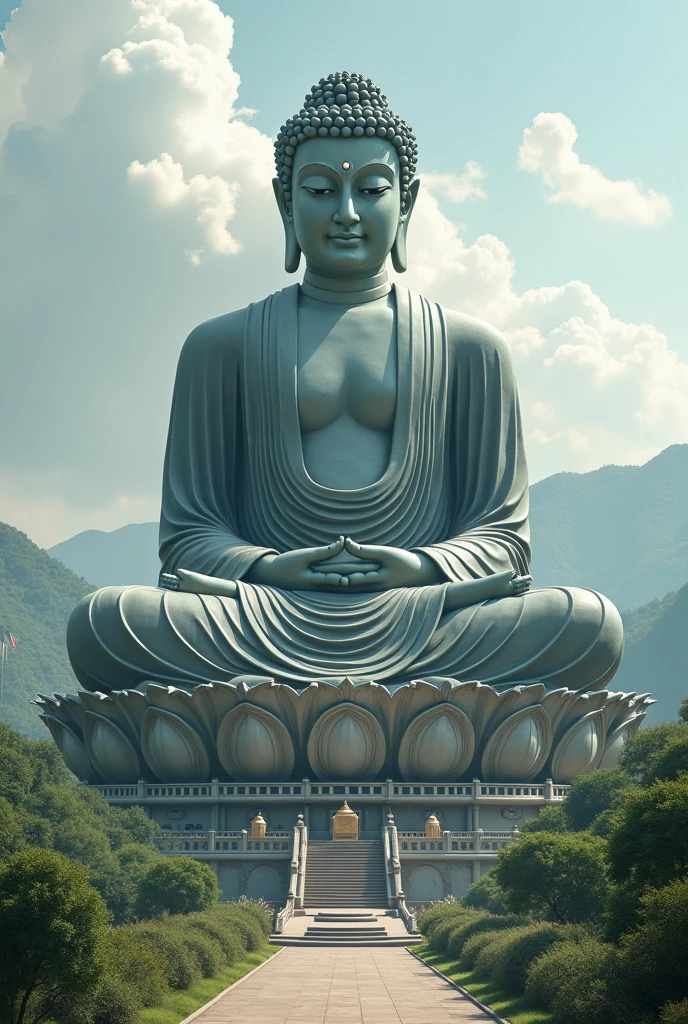 Huge Buddhist Temple、Huge Buddha statue,huge waterfall,,masterpiece,History of the Earth,in isekai,Masterpiece,超A high resolution,mystical,Buildings tall through the clouds,