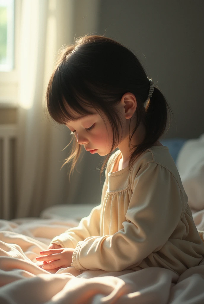 A sleeping girl, looking at her feet