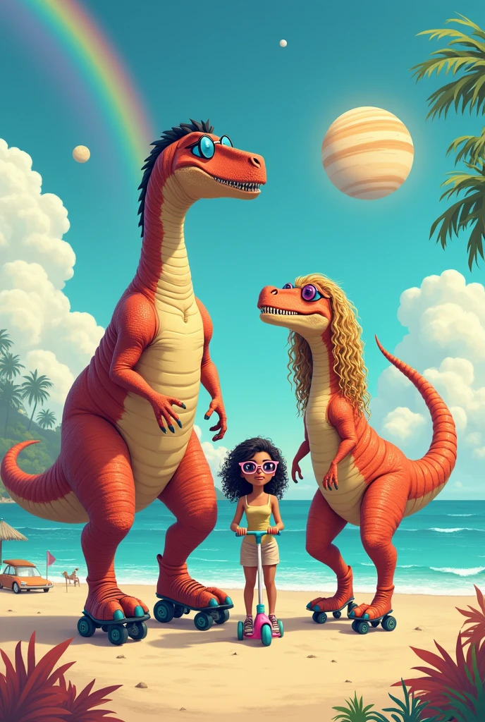 Dinosaur family, dinosaur father tall muscular black hair wearing blue glasses on roller skates. Tall beautiful pink dinosaur mother, long curly blonde hair, Wearing Pink Glasses, breasts big, shapely legs on skates . Light pink female dinosaur, Wearing Pink Glasses, long curly black hair on top of scooter. Bright orange sun in the sky, very beautiful rainbow, medium moon and Jupiter. Car behind and beach landscape.
In this image there are 3 dinosaurs in total.