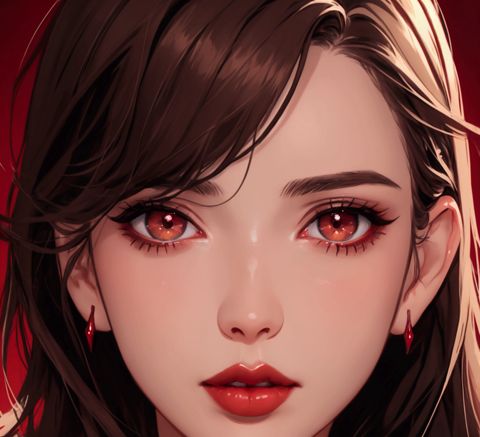 8k, highest quality, masterpiece, photorealistic, ultra-detailed, extremely detailed eyes and face, beautiful detailed lips, long eyelashes, dark brown hair, dark brown eyes, red lips, anime, portrait, dynamic pose, dramatic lighting, cinematic, simple background, vibrant colors, digital art