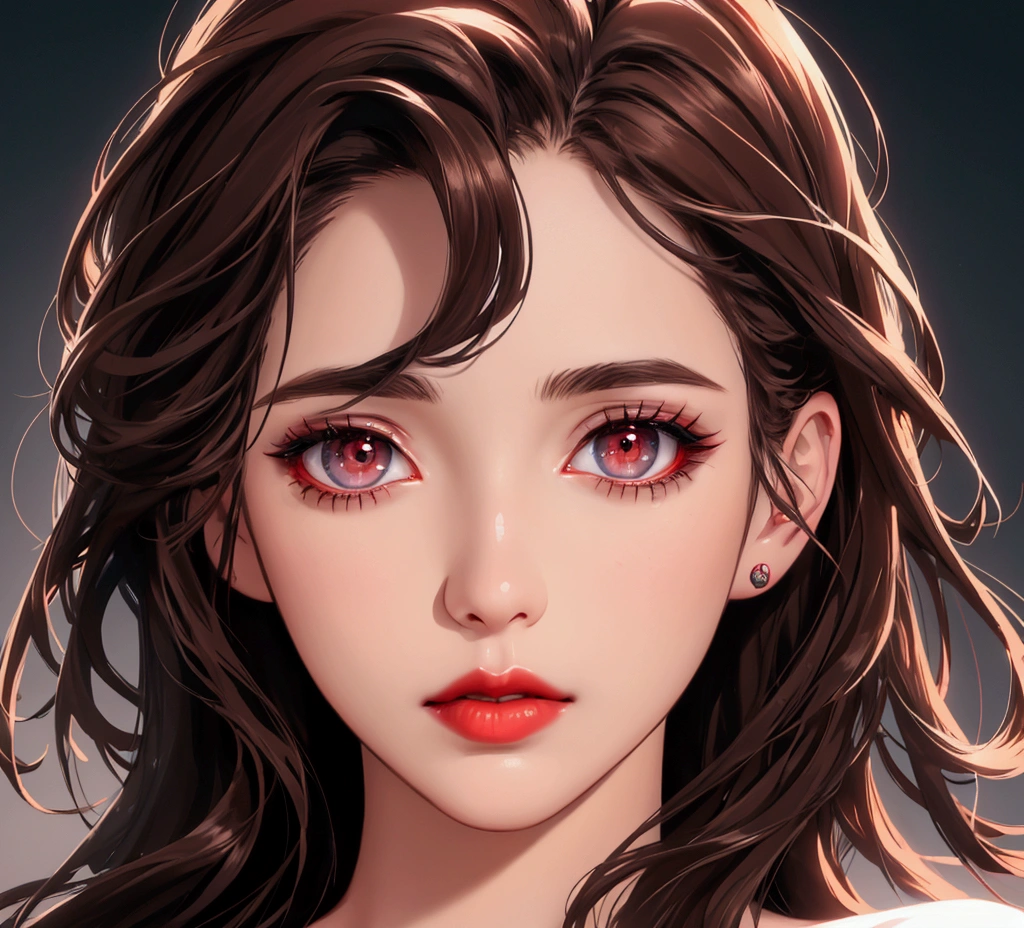8k, highest quality, masterpiece, photorealistic, ultra-detailed, extremely detailed eyes and face, beautiful detailed lips, long eyelashes, dark brown hair, dark brown eyes, red lips, anime, portrait, dynamic pose, dramatic lighting, cinematic, simple background, vibrant colors, digital art