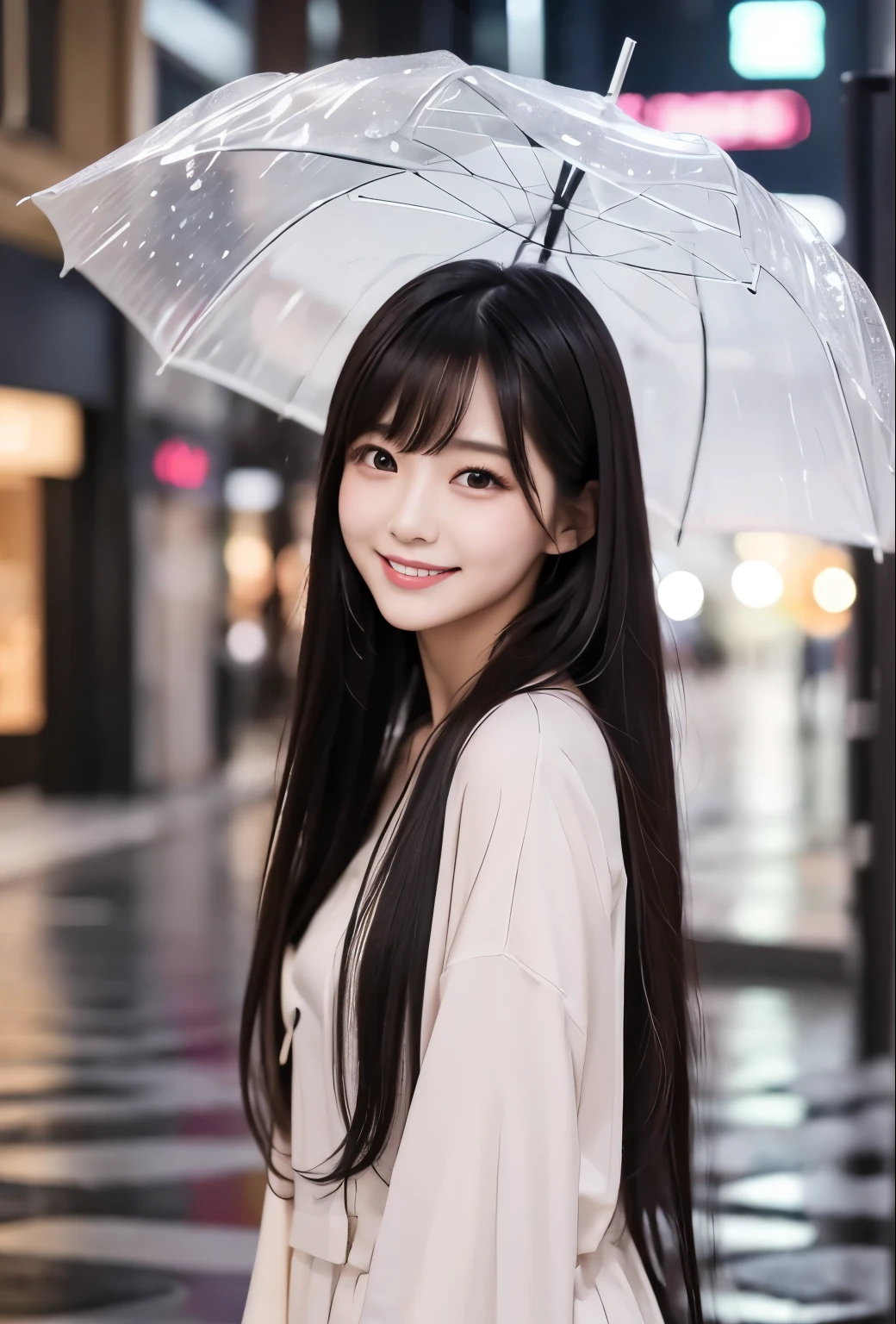 masterpiece、Highest quality、whole body、One Girl、bangs、Japanese、Long Black Hair、Long Hair、smile、alone、rain、Stylish woman、pastel colored outfits、front、Luxury background elements、Confident expression、Modern and trendy、Fashion focus