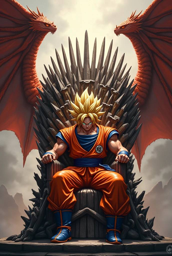 Goku wearing a crown sitting on the iron throne, in the background a dragon with open wings