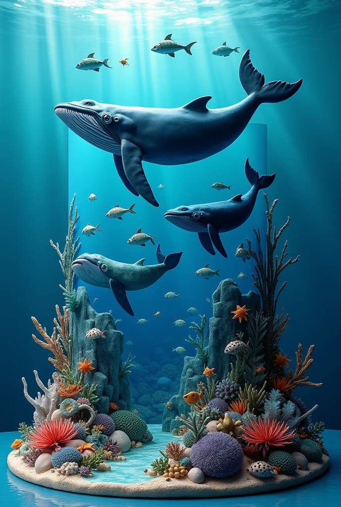 SEA BOTTOM CAKE, cerulean, COM BALEIA cerulean ESCURO, SEA TURTLES AND SEA FISH. 8k 3D