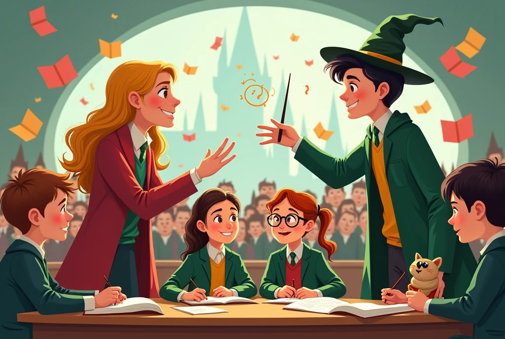 Horizontal image of a female Hufflepuff teacher and a female Slytherin teacher and students. in a fun class at hogwarts with cartoon design