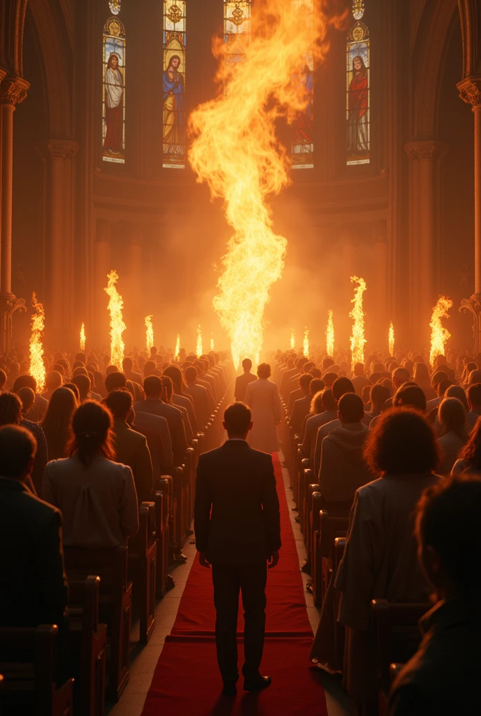 Tongues of fire on the heads of people in church
