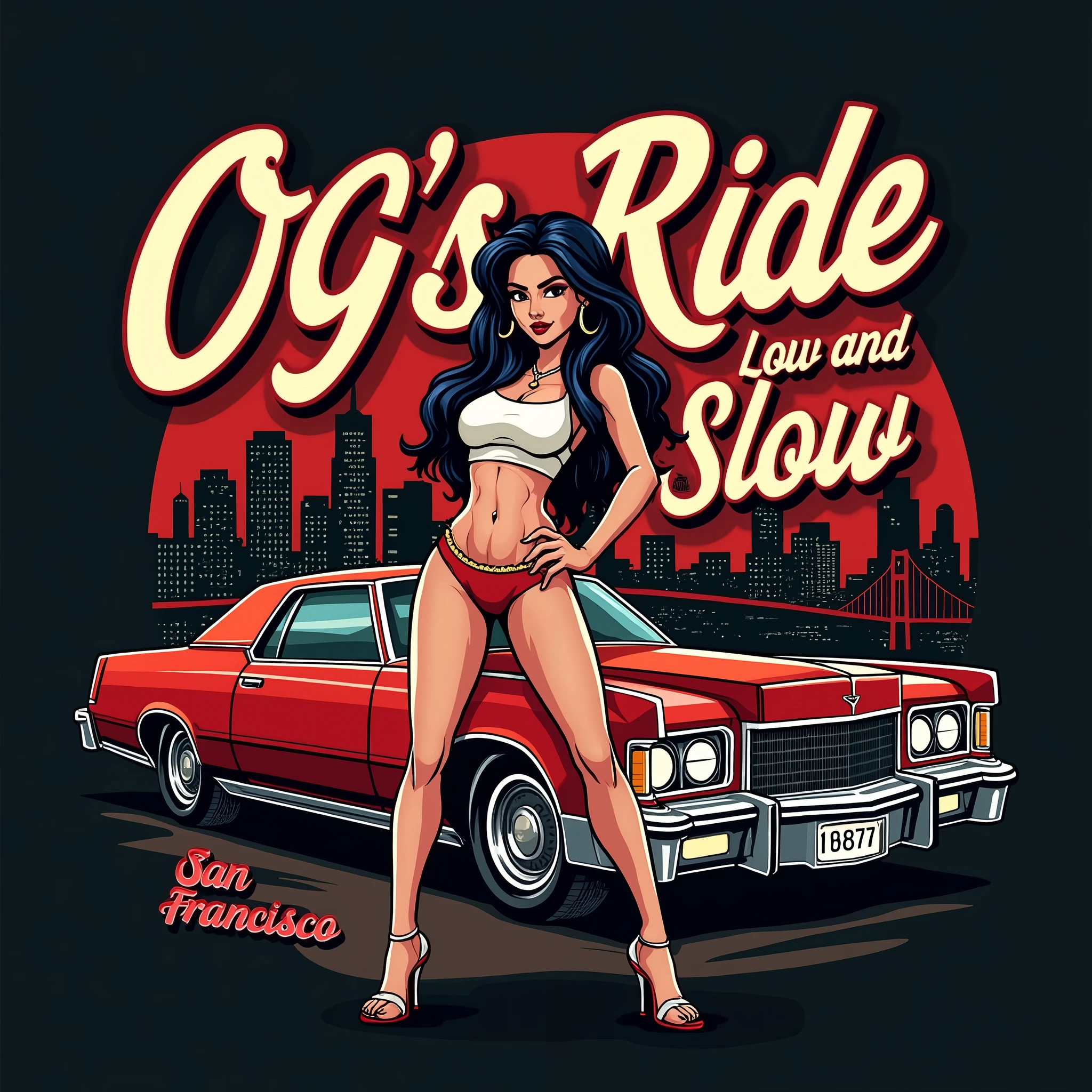 Design a logo for a t-shirt called "OG'S Ride Low and Slow" vector style The text "OG'S Ride Low and Slow" should be rendered in a stylized, cursive script with the words "Low" written in a larger, more prominent font, The logo should have low rider a red car 76 Lincoln Mark IV and a cartoon of a chicana gangster woman with a sexy outfit low rider style, SF City on the background The overall aesthetic should be raw, edgy, and attention-grabbing, blending the worlds of street art and high-fashion, gangster style west coast gangster style