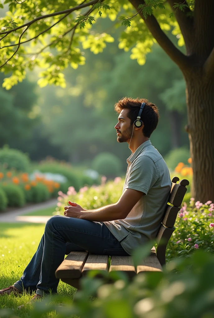 A young MAN listening to music sitting on a bench enjoying a garden with his eyes open
