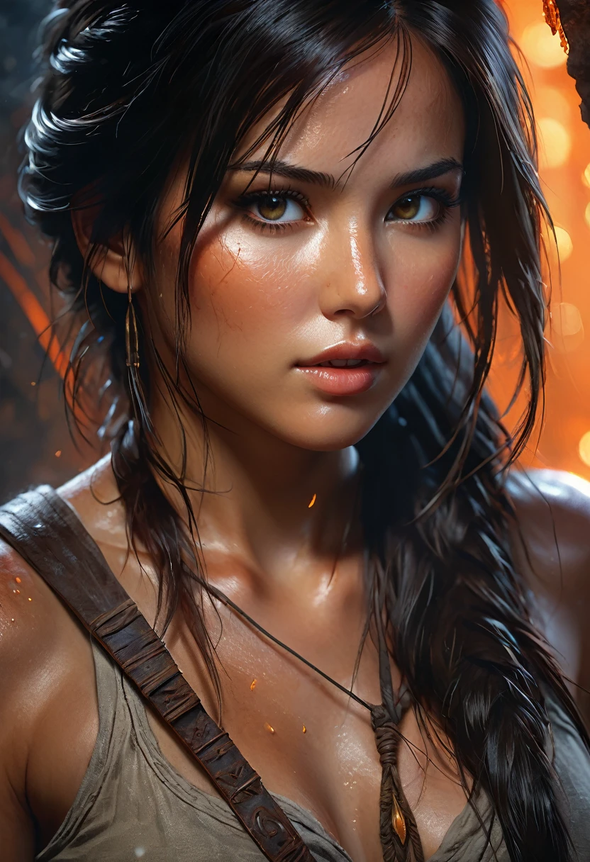 Lara Croft Rise of Tomb Raider, oil painting portrait, art by Ana Bocek, Michael Komarck, andreas rocha, intricately detailed fluid gouache painting, sensual and alluring, in her 30's, long black hair, stunnigly beautiful, perfect eyes, Procreate, depth of field, ray tracing, whimsical, detailed, highly detailed :: vibrant :::production cinematic character render :: ultra high quality model soft lighting :: mystical indirect light, Miki Asai Macro photography, close-up, hyper detailed, trending on artstation, sharp focus, studio photo, intricate details, highly detailed, by greg rutkowski