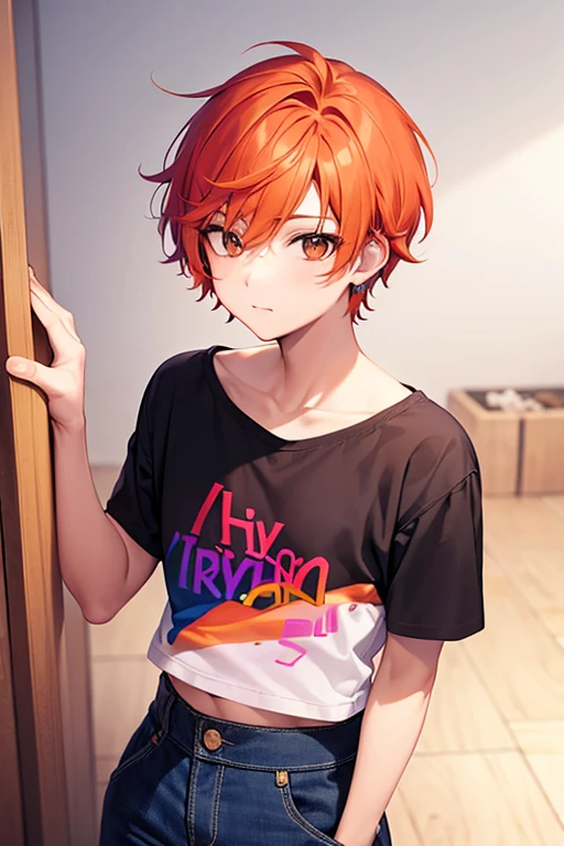short bright orange hair, from side, rainbow clothes, transgender he a boy now (he/his, lesbian)