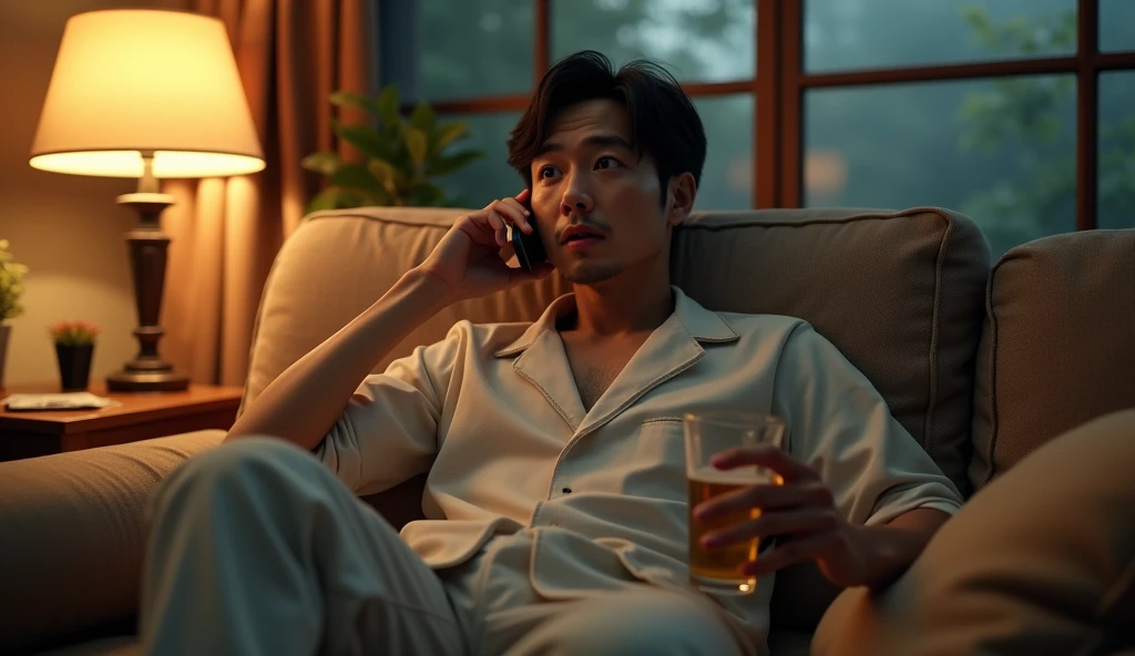 A Japanese salaryman relaxing with a drink in his living room after returning home from work, suddenly interrupted by an urgent call from the office. The scene is realistic, showing the sudden shift from relaxation to surprise and tension on the salaryman’s face. He is seated on the sofa in loungewear, putting down the beer he was holding with one hand while raising his phone to his ear with the other. The background features a warmly lit living room, reflecting the confusion of being suddenly called to action