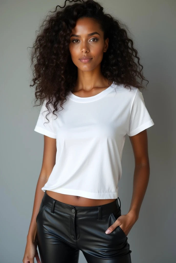 beautiful latin woman, cabello curly, standing straight facing forward,with white t-shirt, leather pants, on a greyish background, cotton t-shirt texture, fitted t-shirt, round neck, striped tights. Medium camera shot.