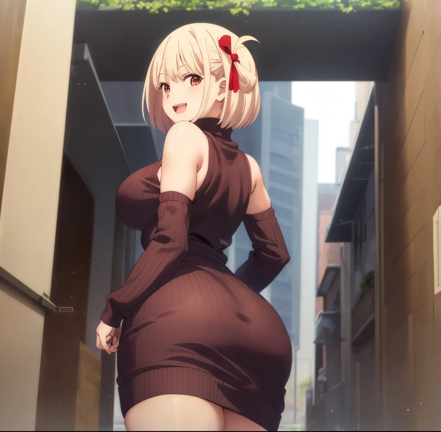 1girl,alone,chisato nishikigi,masterpiece,best quality,high resolution,looking at viewer,detailed,detailed eyes,short hair,dull blonde hair,headband,large breasts,medium waist,wide hips,wide thighs,body curvy, dynamic pose, sweater dress, red sweater dress, sleeveless, turtleneck, night, street, ribbed sweater, smile, open mouth, position, looking back, from behind, focus on ass, pov (from below) ,standing, (1girl),(solo),perfect anatomy,perfect hands