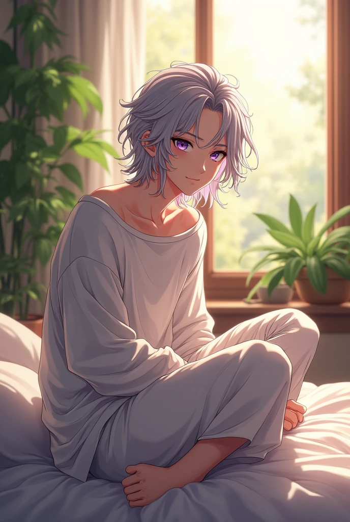 (photorealism:1.2), beautiful male youth, sitting on bed, wearing loose off-shoulder top, pajama pants, shoulder length curly silver hair, amethyst eyes, indoors, soft lighting, plants in background, window with sunlight, cozy room, relaxed pose, anime, intricate details, warm colors, huo yuhao-like appearance