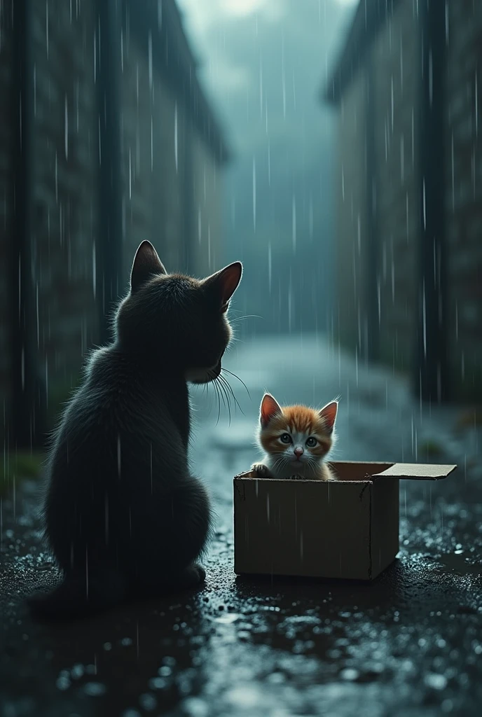 Make a cat leaving his son in a box, while leaving. and it&#39;s raining 