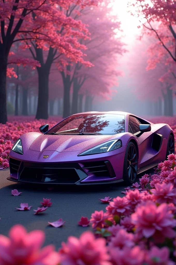 I need you to make the image of a lilac supercar 🟣 but around it I want crimson flowers