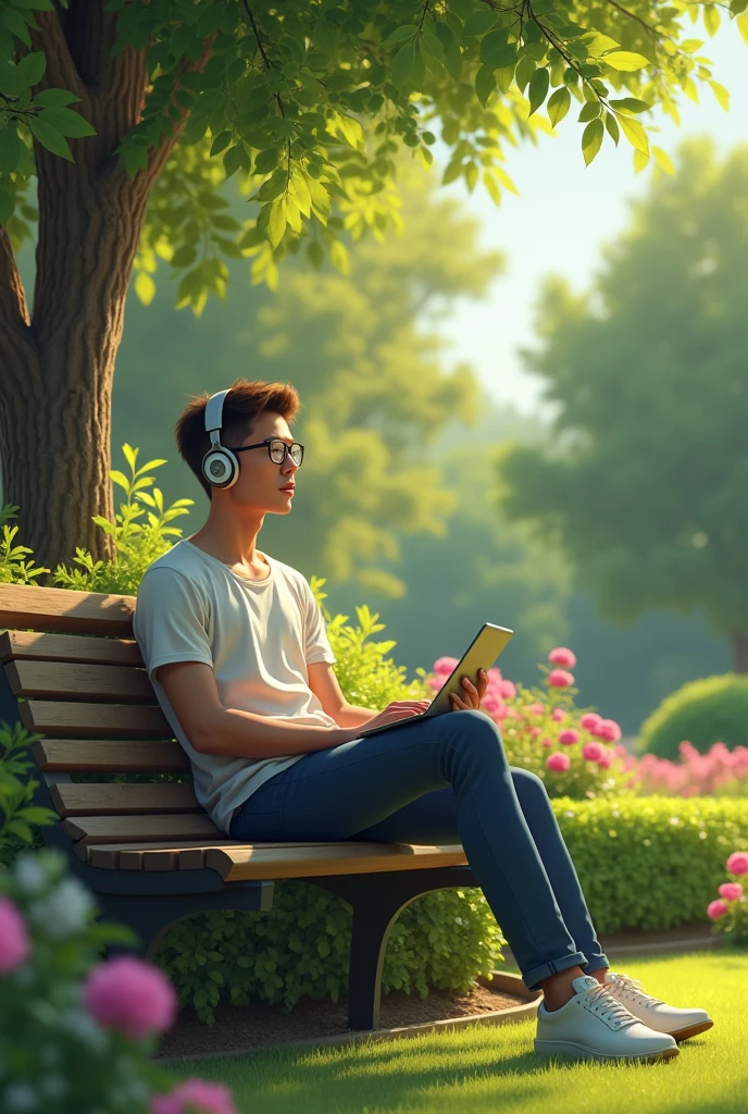 A young MAN listening to music sitting on a bench enjoying a garden with his eyes open