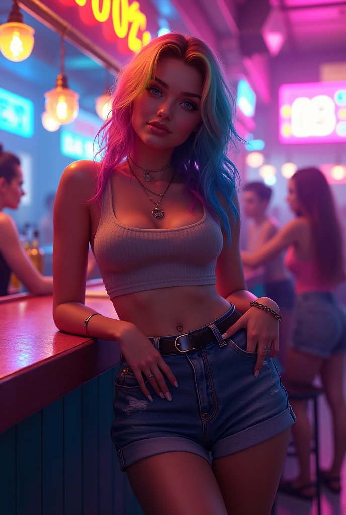 1girl, rainbow hair, neon-lit club, large breasts, smirking, leaning against bar, daisy duke shorts, tank top.