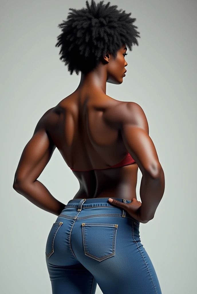 Black woman wearing jeans, with an athletic body, showing only the back.