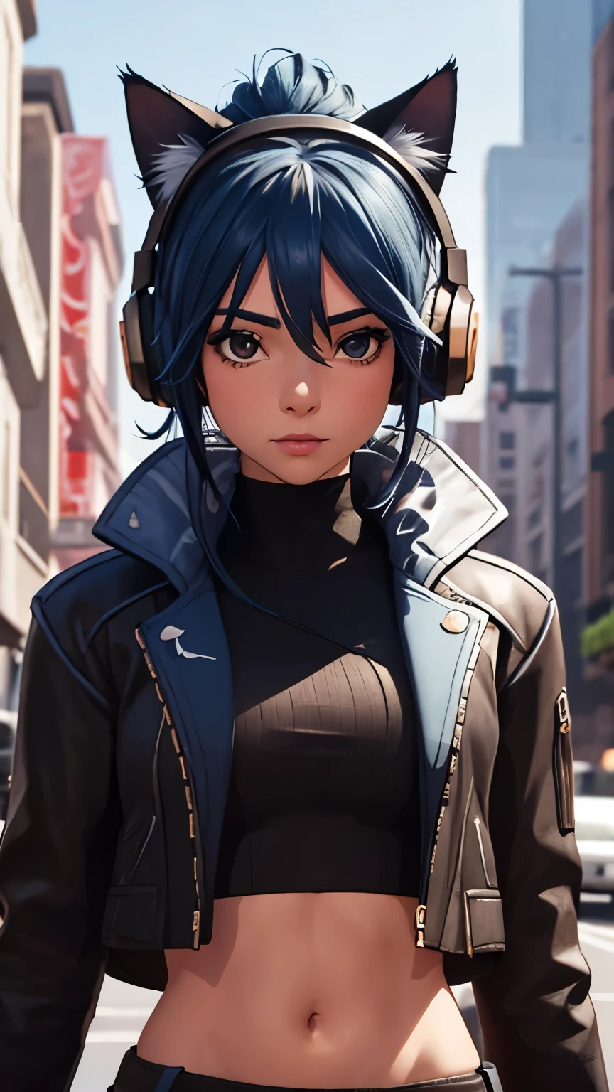 City detailed background, city detailed scenario, 1girl, solo, AphroditeFN, crop top, black crop top, open clothes, jacket crop top, black jacket, blue hair, cat ears headphones, upper body,