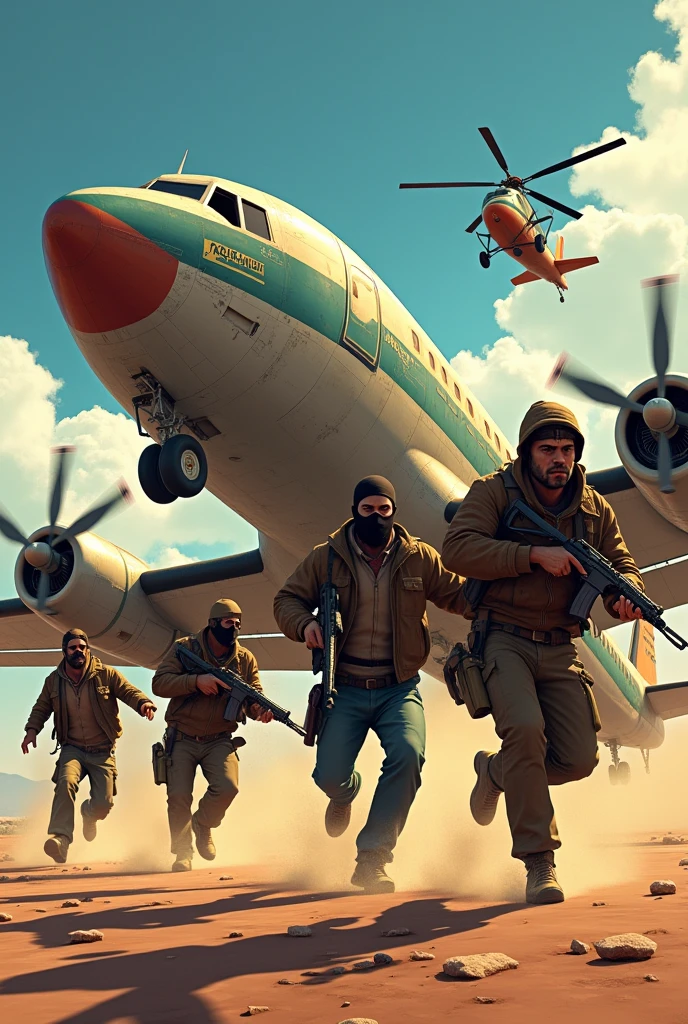game cover, Faction, BANDITS IN AN African twin, brazil, helicopter escape, gta style, No realism,