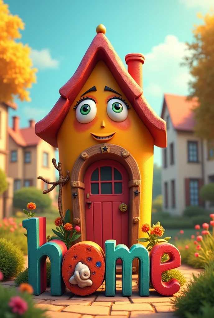 Make a picture of: an animated house that says home below with colorful and pompous letters