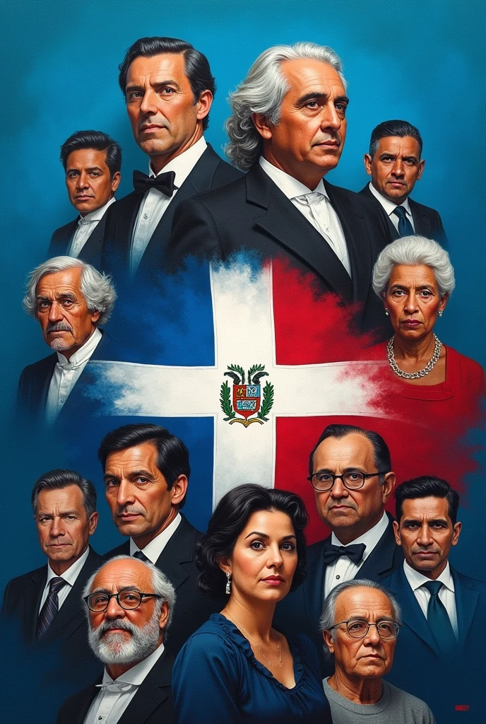 Make me a social sciences cover with the most historical figures of the Dominican Republic with a blue background, add the flag and a bit of history