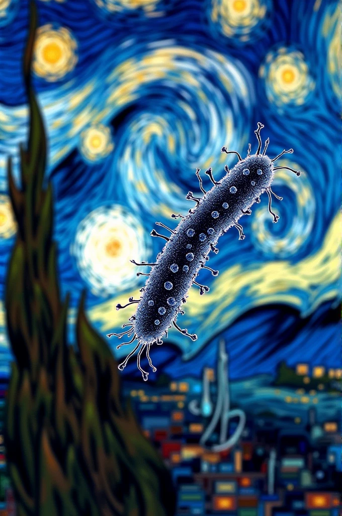 Medical drawing featuring the shigella bacteria and decorated with Van Damme's starry night