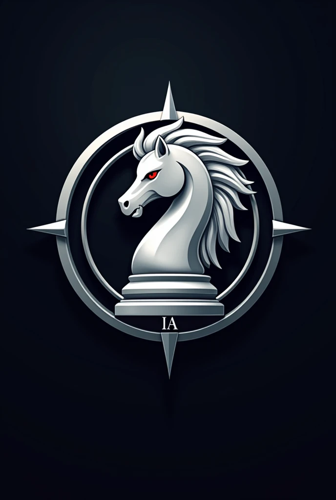 Logo en 2D pour une entreprise d'intelligence artificielle. Le design doit représenter une rose des vents, en couleur argenté, sans numération. Au centre de la rose des vents, placez une pièce d'échec : le cavalier blanc, vu de profil vers la droite. Le cavalier doit être élégant et agressif, avec une crinière mêlant des nuances de blanc et d'argenté. Ses yeux doivent être d'un rouge brillant. Le socle du cavalier doit comporter l'inscription « IA » gravée en argenté. Le logo doit inspirer confiance tout en restant luxueux et puissant. Il doit être simple, de type dessin, mais sans négliger les détails.
