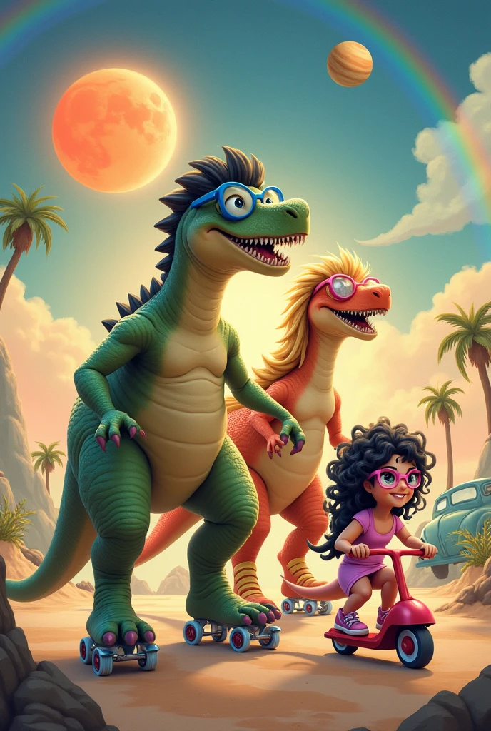Dinosaur family, dinosaur father tall muscular black hair wearing blue glasses on roller skates. Tall beautiful pink dinosaur mother, long curly blonde hair, Wearing Pink Glasses, breasts big, shapely legs on skates . Light pink dinosaur daughter, Wearing Pink Glasses, long curly black hair on top of scooter. Bright orange sun in the sky, very beautiful rainbow, medium moon and Jupiter. Car behind and beach landscape.
In this image there are 3 dinosaurs in total.