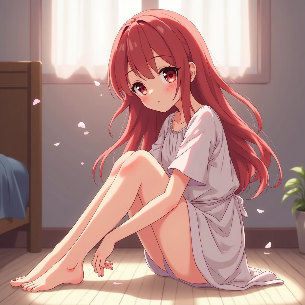 cute anime girl with soft red hair and burgundy eyes sits on the floor and shows us her foot