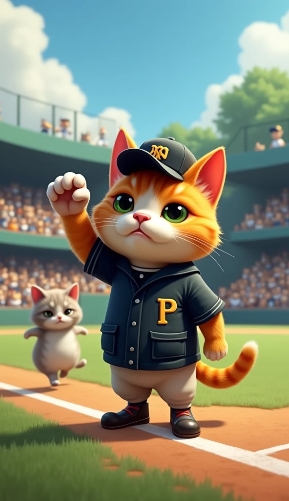 A cat serving as the home plate umpire, declaring “out” on the play. The cat wears a small umpire’s hat, a black jacket, and a chest protector, raising one paw high in a decisive “out” gesture. On the home plate, a runner cat has slid in, but the umpire cat, with sharp eyes, has made the critical call. The background features a green baseball field, with stands filled with other cats watching the game intently. The cat’s expression is full of authority and focus, reflecting its serious commitment to its role as the umpire.