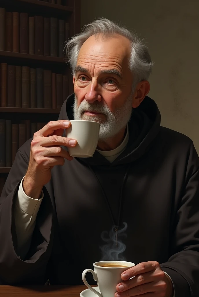 creates an image of an old Jesuit with a little baldness, Without beard, drinking coffee without a beard
