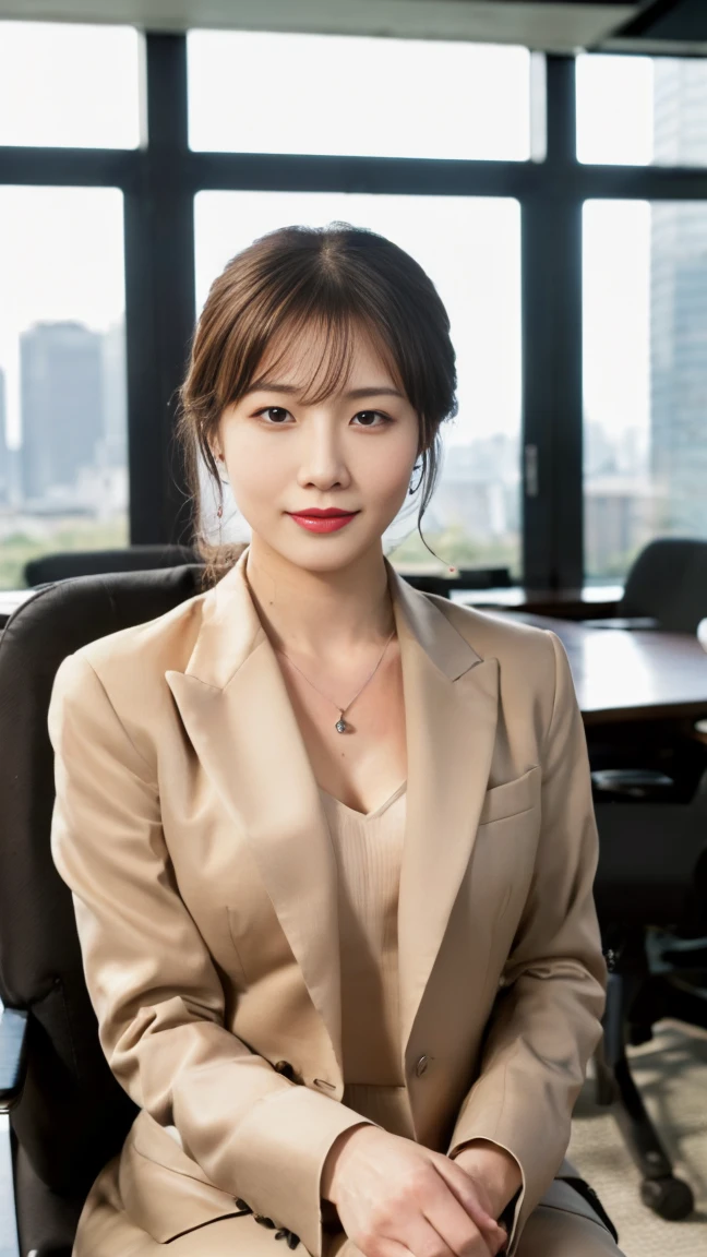 (top-quality, 16K, ​masterpiece:1.3), (ultra detailed), (masterpiece), (best quality), Highest quality, Realistic, surreal, Highest quality, Extremely detailed CG, Very delicate, 16K wallpaper, High resolution, A female manager working for a top company, 3, ((face, mole, beauty mark:1.3)), ((UNTITLED business suits:1.2)), ((A very simple necklace)), Japanese office with large windows, ((sitting in an office chair)), Japanese, slender body, very detailed, detailed fingers, detailed hands, detailed eyes, detailed legs, accurate and perfect human anatomy, real human skin, BREAK ((upper body:1.5)), ((look into the viewer's eyes:1.5)), ((looking at viewer:1.5)), ((Front view:1.5)), ((from front:1.5)),