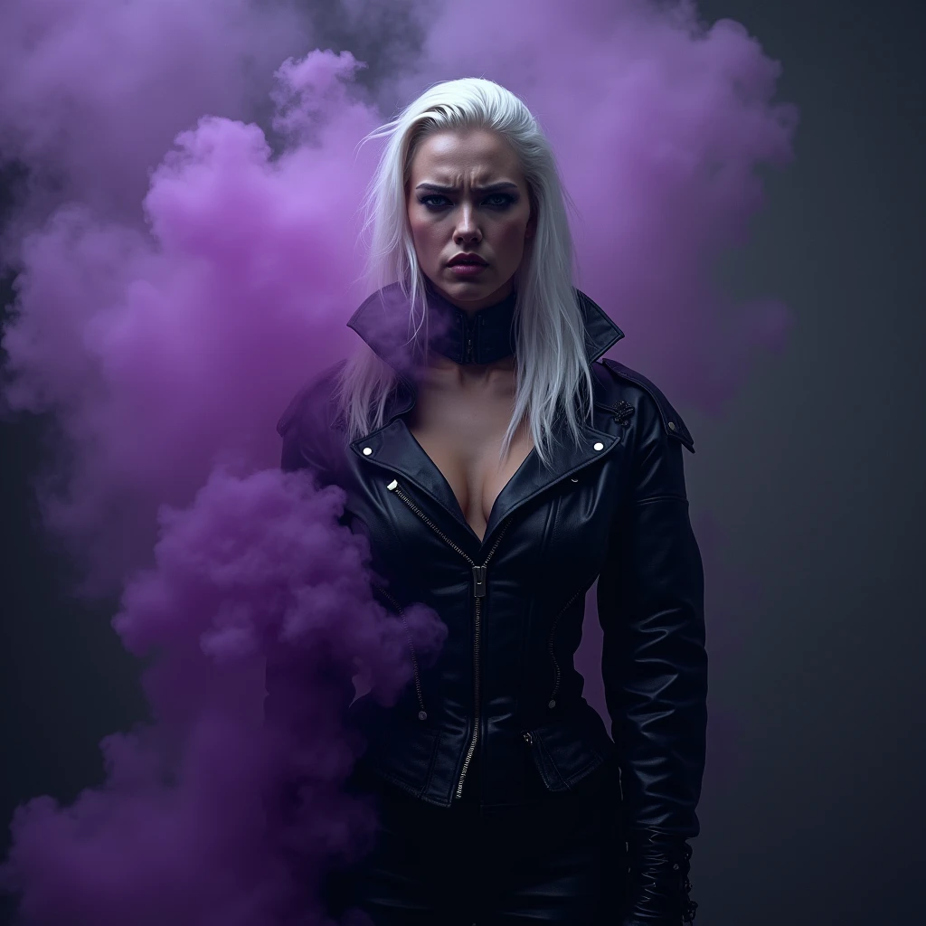 A woman with long white hair slicked back,she will be wearing a conceptual fashion outfit,I want her to do a pose that conveys an air of pain,I want purple smoke