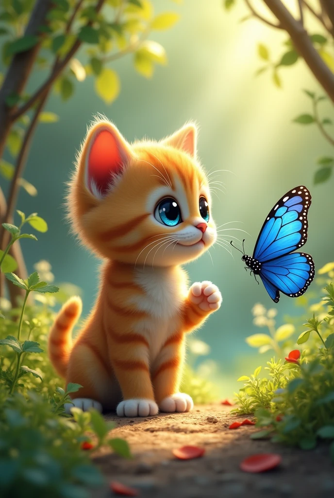 kitten nino found a very bright blue butterfly they passed through a small clearing