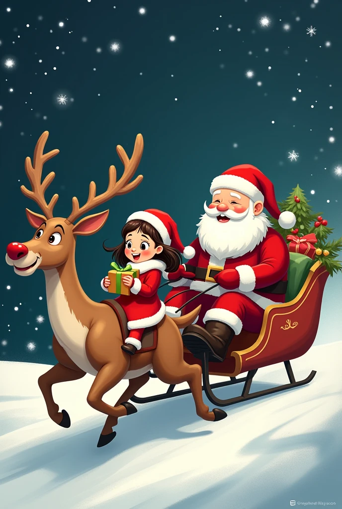 بنت سعيد يرتدي لباس الكريسماس ويمسك بيده هديه يركب مزلقه Santa Clause الطائره تجرها حيوان الرنا المسرعه وبجواره Santa Clause ظريف يقود العربه مبتسم بطريقه ساخره ومرسوم بفن الخط والرسوم المصوره عناصر عيد الميلاد, Santa Clause Reindeer pulls sleigh black background, Simplified illustrated image of a group of