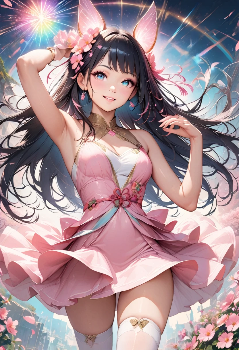 1 anime girl, Asian woman, soft pink dress, micro skirt, white thigh high stockings, dancing, magic sparkles, bright blue eyes, glowing eyes, black hair, long hair, pink flowers in hair, smile, pink blossoms, detailed face, smooth soft skin, ultra-realistic, soft hairs, looking into the camera, starburst magic from hand, casting a spell