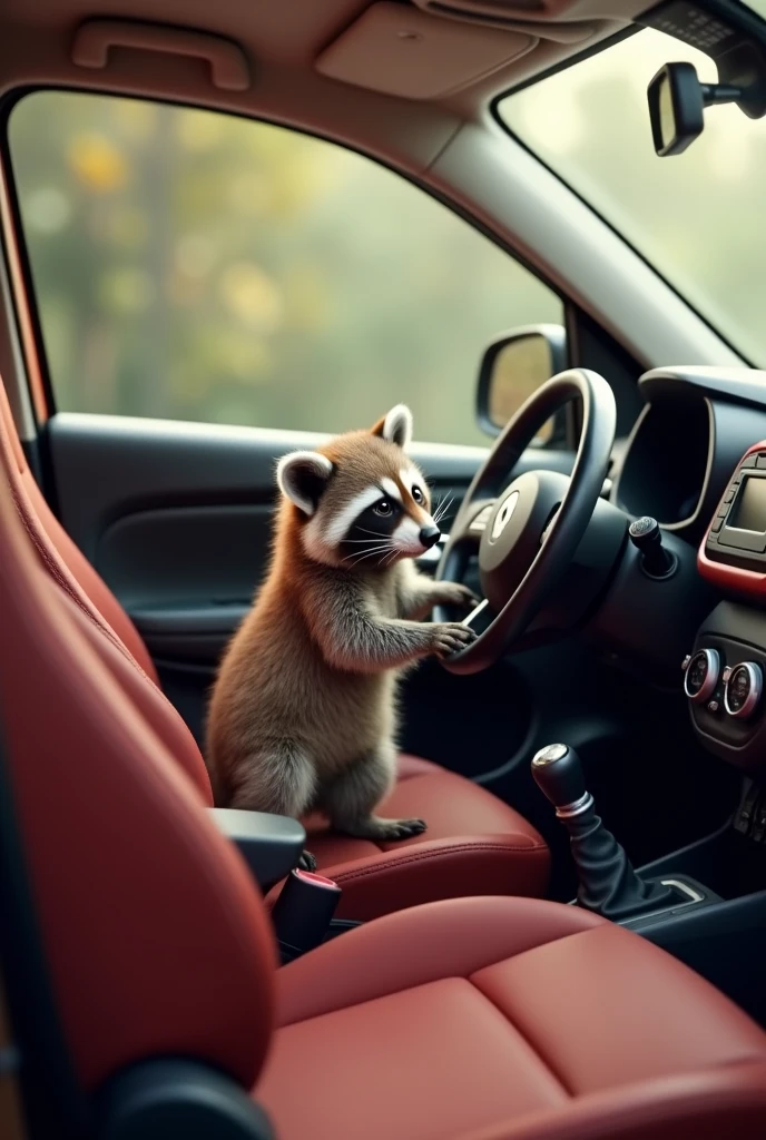 Raccoon in a Renault Kwid car