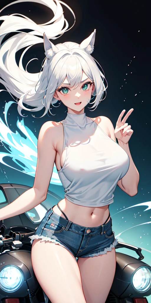 1 person,woman,White tank top,Wolf cut hairstyle,Silver Hair,Blue Flame, Vortex of flames,wallpaper, Wind景,Depth of written boundary, night, Particles of light, light, Side light, Thighs,****, Denim jeans,cloud,Gaze, Large Breasts, Emphasize the chest,Green Eyes, Horse ears, Bright smile,Open your mouth,Horse tail,Wind,Riding on motorcycle,vehicle,Driving