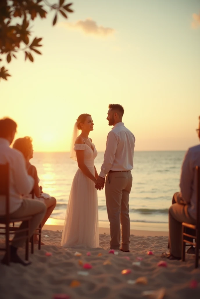 A beach sunset marriage with decorations and the couple in the middle and people on their chairs and I took the picture standing on the left side like if I was on my chair don’t make it to dramatic and take it with an old mini camera so it can look vintage