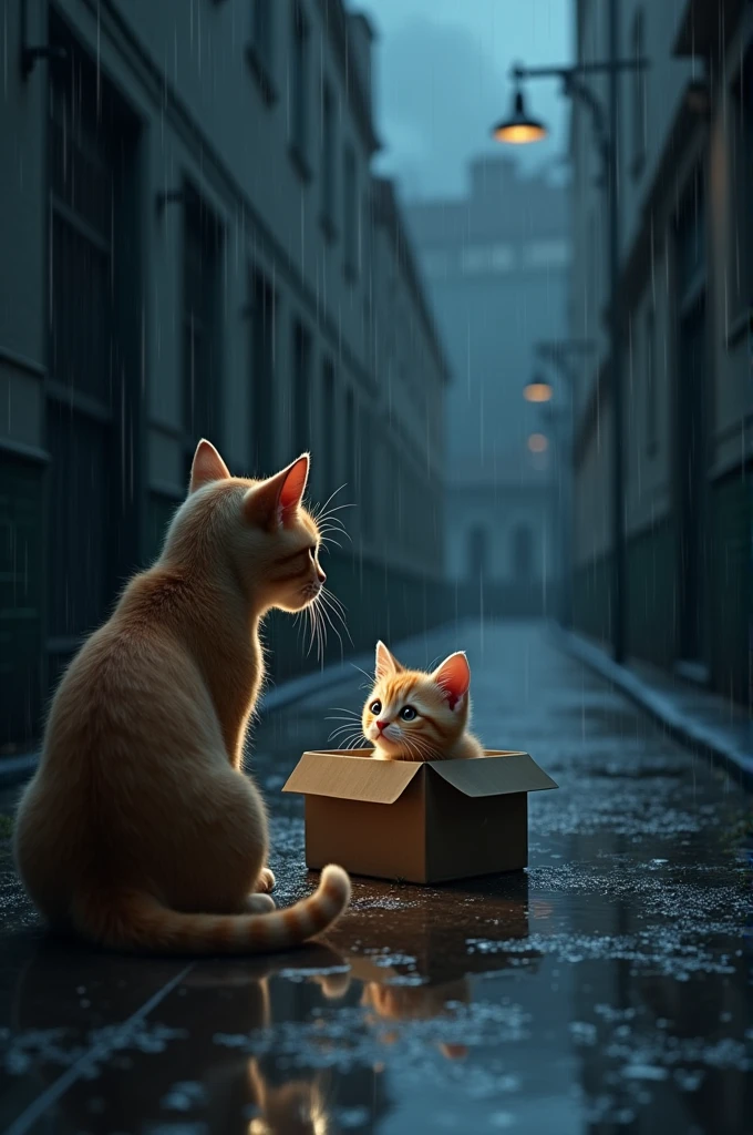 Make a cat leaving his son in a box, while leaving. and it's raining