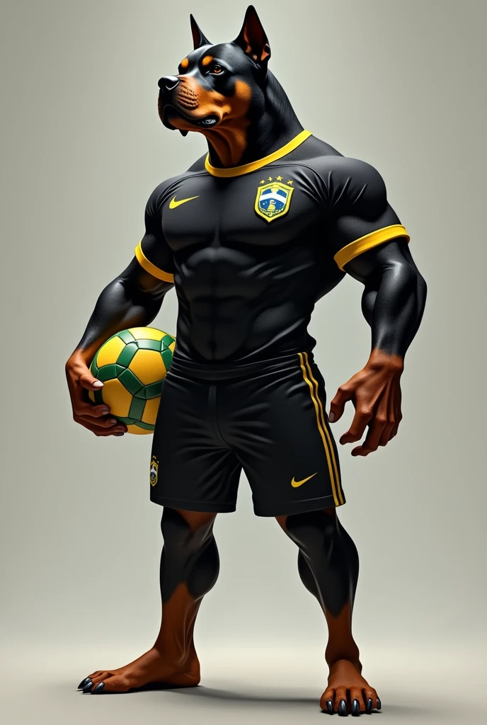 A mascot for the Brazilian football team represented by a strong and imposing realistic Rottweiler in a black and gold uniform holding a football.