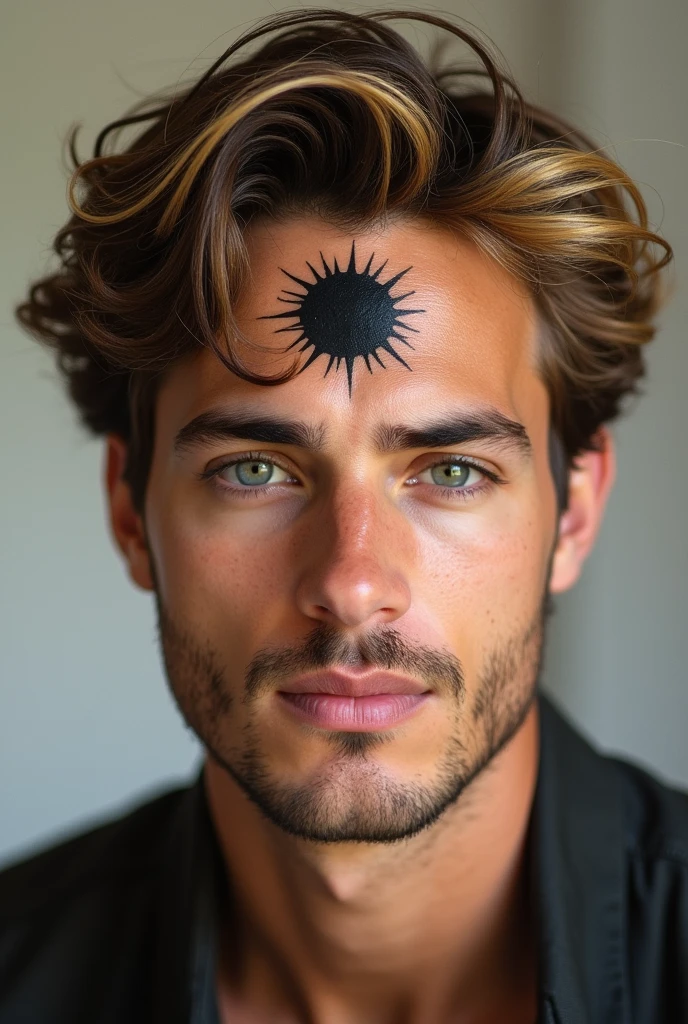 Give me a lively man with brown hair and blonde highlights, with a birthmark on the forehead shaped like a sun and a moon fused together, the signal is black