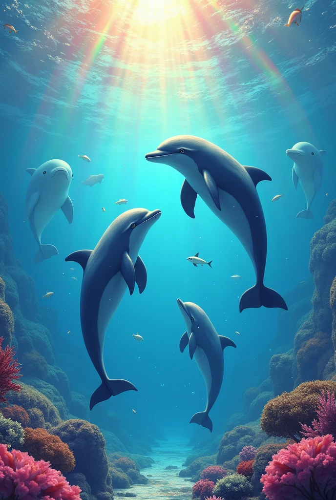 Super colorful place with dolphins and rainbows
