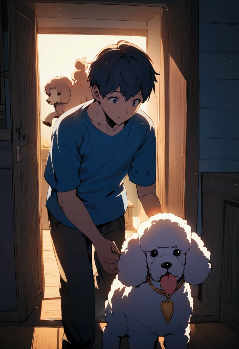 Boy in a blue shirt playing with a poodle in the yard of his house