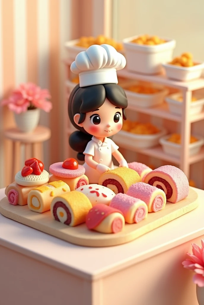 (masterpiece:1.2, Highest quality,Ultra-high resolution,Very detailed),8k,(wallpaper),(Realistic:2.0),(RAW Photos:2.0),(Plastic Model:2.0),(Cake shopで働くちびキャラのかわいい女性Pastry chef:2.0),(Cake shopにはMr.々Mr.々Roll cakes made with various fruits are arranged in a square shape..,Cake shop,Pastry chef,Very simple design),(Isometric 3D Diorama:2.0),Matte Paint