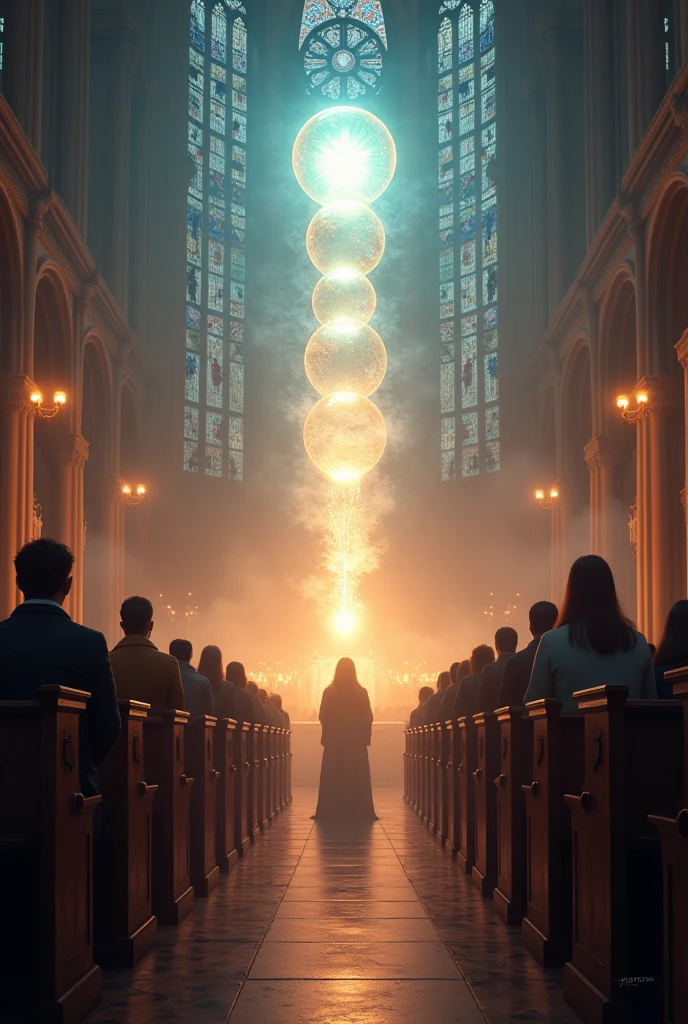 Balls of light on people's heads in church
