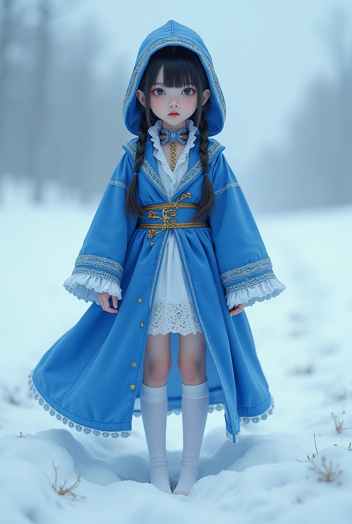 A beautiful Vietnamese girl、Departing on a morning of determination、Cute beautiful girl&#39;s serious expression、Her eyes are big and droopy and cute.、Blue and white goth fashion、Intricate gold decoration、Gold Garter Belt、White knee-high socks、The background is a light blue snowy landscape、High-quality, realistic photo-like、whole body、Standing posture