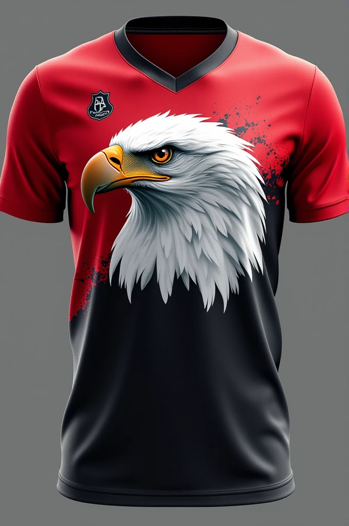 Generate a sports jersey with a large, fierce eagle design on the front, using sharp and detailed feather strokes in shades of white and gray. The eagle should be the main focus, placed against a rich red backdrop. The jersey should feature a simple V-neck collar and red sleeves. Add a small badge-like emblem above the eagle's head on the left side."